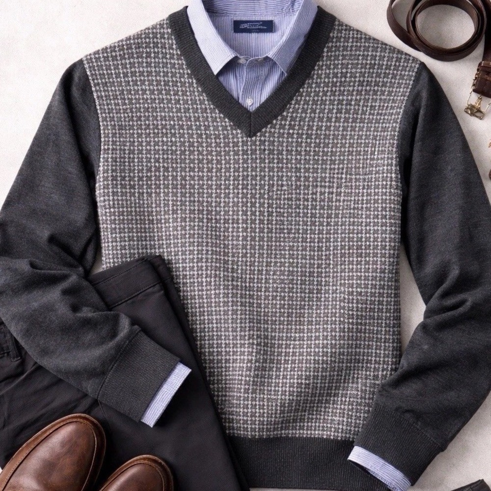 Tom James V-Neck Sweater Mens XL Gray Houndstooth Excellent Merino Wool Blend